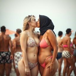 A romantic scene featuring two women, one with white skin and slim curves representing a European mix hairstyle, and the other a busty 35-year-old Arab Islamic woman