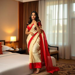 A sensuous and intimate scene unfolds in a stylishly decorated Oyo hotel room, featuring an enchanting woman with a voluptuous figure dressed in a cream and red mekhela chadar paired with a coordinating red blouse and elegant high heels