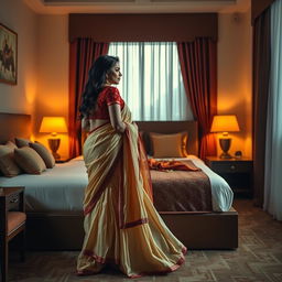 A sensuous and intimate scene unfolds in a stylishly decorated Oyo hotel room, featuring an enchanting woman with a voluptuous figure dressed in a cream and red mekhela chadar paired with a coordinating red blouse and elegant high heels