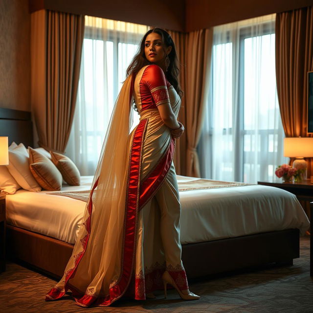 A sensuous and intimate scene unfolds in a stylishly decorated Oyo hotel room, featuring an enchanting woman with a voluptuous figure dressed in a cream and red mekhela chadar paired with a coordinating red blouse and elegant high heels