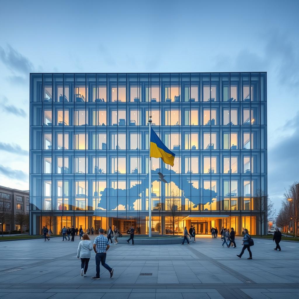 An office building with architecture and facade designed to resemble the map of Ukraine