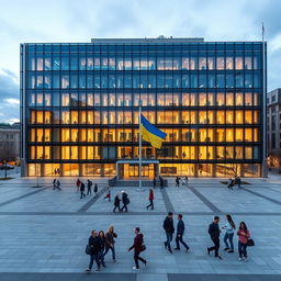 An office building with architecture and facade designed to resemble the map of Ukraine