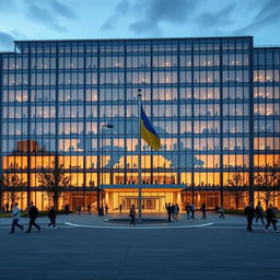 An office building with architecture and facade designed to resemble the map of Ukraine