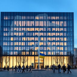 An office building with architecture and facade designed to resemble the map of Ukraine