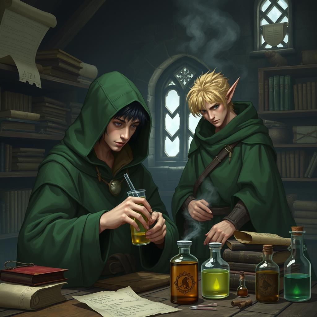 A young adult human mage with black hair, adorned in a green hooded cloak, deeply focused on crafting potions within a medieval alchemy room