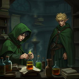 A young adult human mage with black hair, adorned in a green hooded cloak, deeply focused on crafting potions within a medieval alchemy room