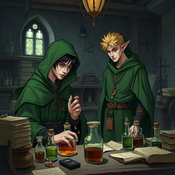 A young adult human mage with black hair, adorned in a green hooded cloak, deeply focused on crafting potions within a medieval alchemy room