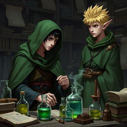 A young adult human mage with black hair, adorned in a green hooded cloak, deeply focused on crafting potions within a medieval alchemy room