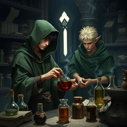 A young adult human mage with black hair, dressed in a green hooded cloak and cloth clothing, is engrossed in potion-making within a medieval alchemy room