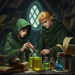 A young adult human mage with black hair, dressed in a green hooded cloak and cloth clothing, is engrossed in potion-making within a medieval alchemy room