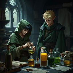 A young adult human mage with black hair, dressed in a green hooded cloak and cloth clothing, is engrossed in potion-making within a medieval alchemy room