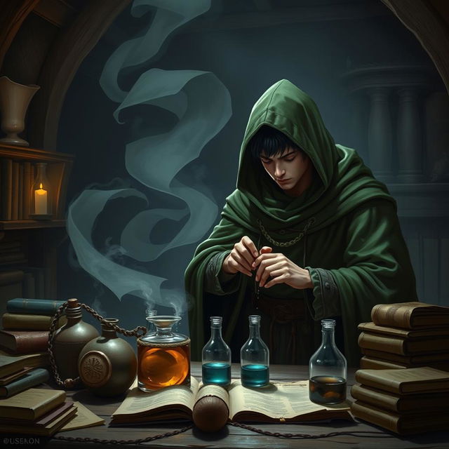 A young adult human mage with black hair, dressed in a green hooded cloak and cloth clothing, is engrossed in potion-making within a medieval alchemy room