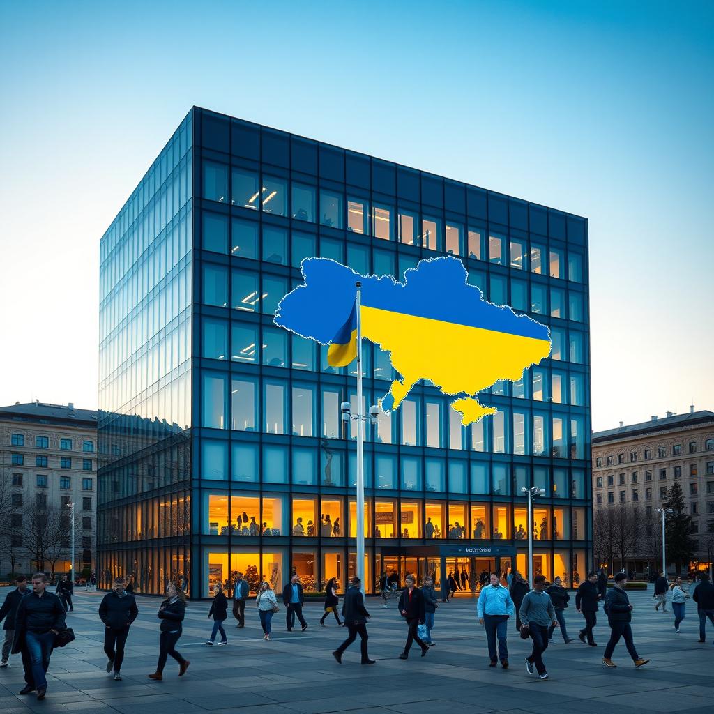 An office building shaped like a rectangle or cube, featuring a distinctive indented section on the facade shaped like the map of Ukraine