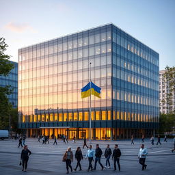 An office building shaped like a rectangle or cube, featuring a distinctive indented section on the facade shaped like the map of Ukraine