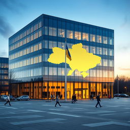 An office building shaped like a rectangle or cube, featuring a distinctive indented section on the facade shaped like the map of Ukraine