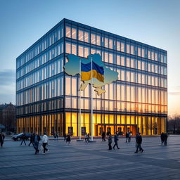 An office building shaped like a rectangle or cube, featuring a distinctive indented section on the facade shaped like the map of Ukraine