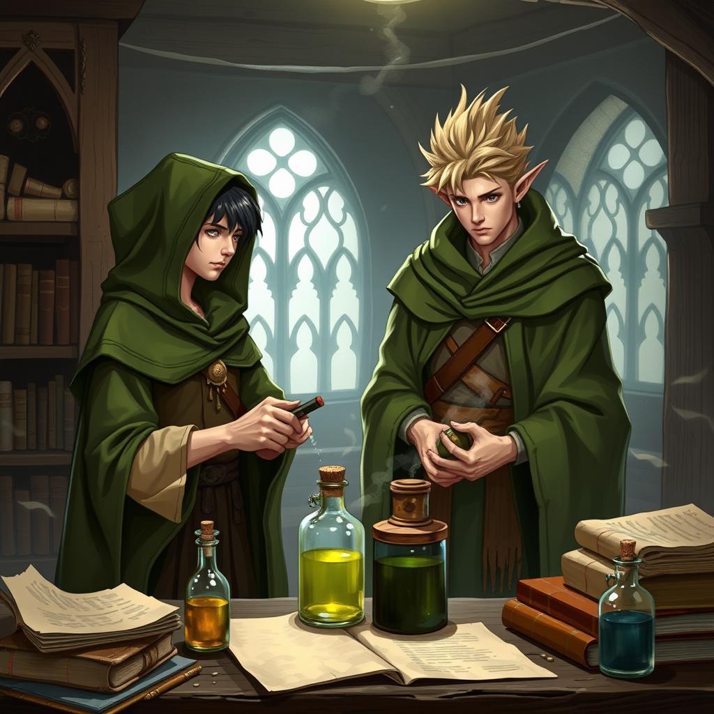 A young adult human mage with black hair, dressed in a green hooded cloak and cloth clothing, is busy creating potions in a medieval alchemy room