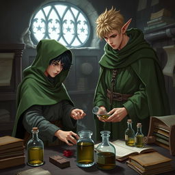 A young adult human mage with black hair, dressed in a green hooded cloak and cloth clothing, is busy creating potions in a medieval alchemy room