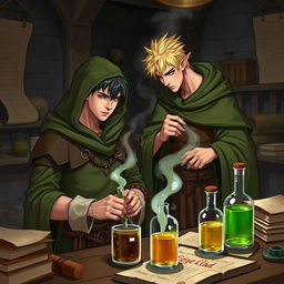 A young adult human mage with black hair, dressed in a green hooded cloak and cloth clothing, is busy creating potions in a medieval alchemy room