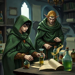 A young adult human mage with black hair, dressed in a green hooded cloak and cloth clothing, is busy creating potions in a medieval alchemy room