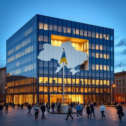 An office building with a rectangular or cubic shape, featuring an indentation on the facade that extends inward and is contoured to resemble the map of Ukraine