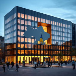 An office building with a rectangular or cubic shape, featuring an indentation on the facade that extends inward and is contoured to resemble the map of Ukraine