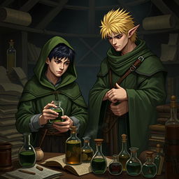 A young adult human mage with black hair, donned in a green hooded cloak and cloth clothing, absorbed in potion-making in a medieval alchemy room