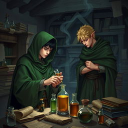 A young adult human mage with black hair, donned in a green hooded cloak and cloth clothing, absorbed in potion-making in a medieval alchemy room