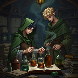 A young adult human mage with black hair, donned in a green hooded cloak and cloth clothing, absorbed in potion-making in a medieval alchemy room