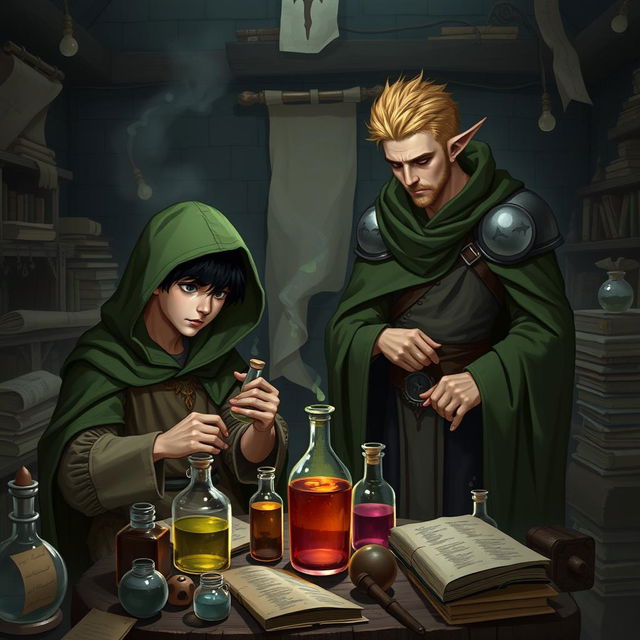 A young adult human mage with black hair, donned in a green hooded cloak and cloth clothing, absorbed in potion-making in a medieval alchemy room