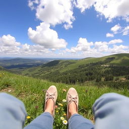 A girl with white-tipped hair standing on a scenic landscape, the view captured from the ground looking upwards at her feet