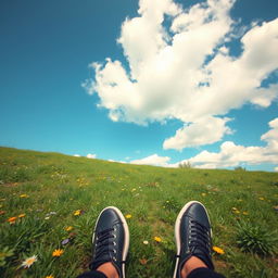 A girl with white-tipped hair standing on a scenic landscape, the view captured from the ground looking upwards at her feet