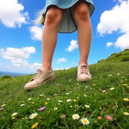 A girl with white-tipped hair standing on a scenic landscape, the view captured from the ground looking upwards at her feet