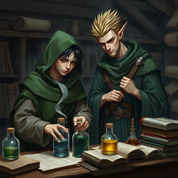 A young adult human mage with black hair, dressed in a green hooded cloak and cloth clothing, deeply engaged in crafting potions in a medieval alchemy room