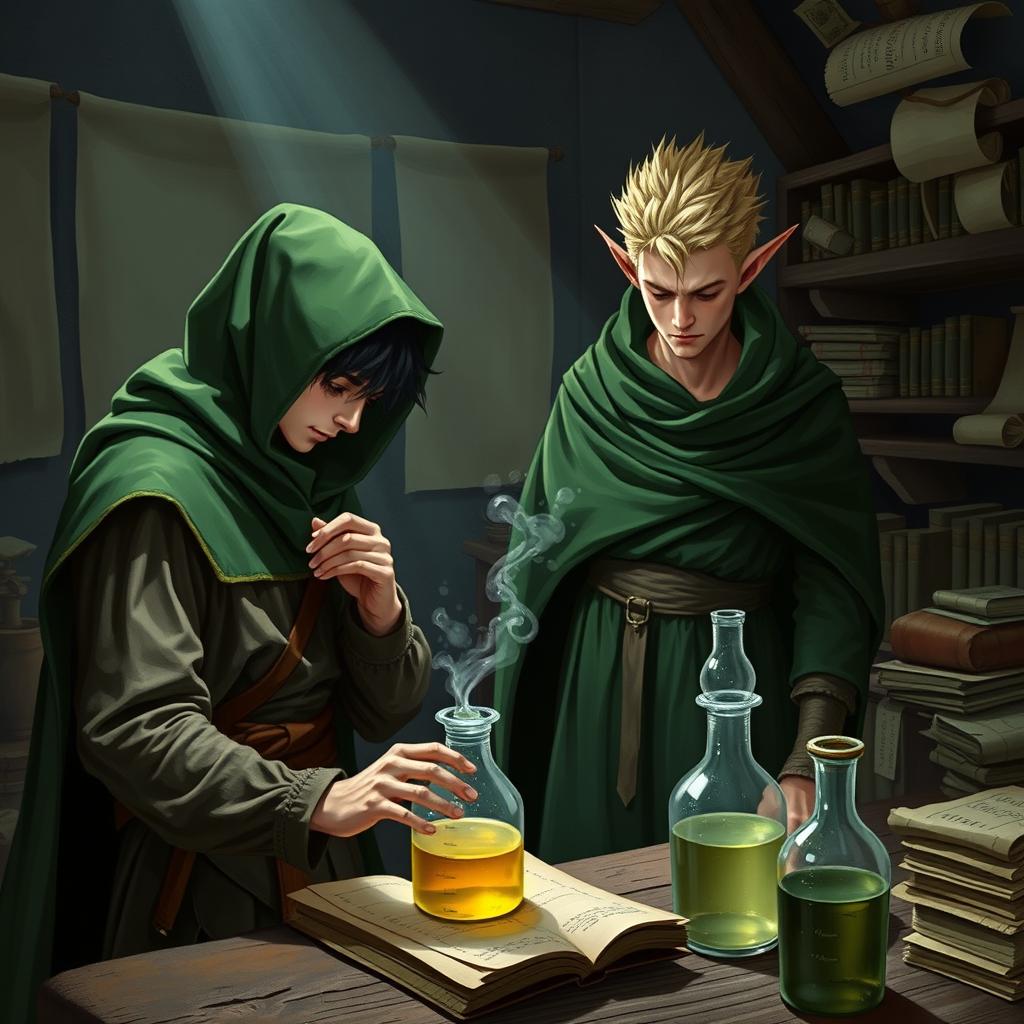 A young adult human mage with black hair, dressed in a green hooded cloak and cloth clothing, deeply engaged in crafting potions in a medieval alchemy room