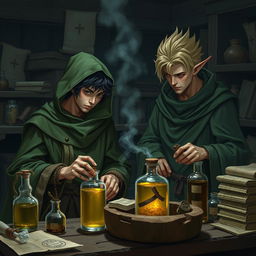 A young adult human mage with black hair, dressed in a green hooded cloak and cloth clothing, deeply engaged in crafting potions in a medieval alchemy room