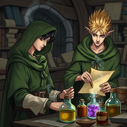 A young adult human mage with black hair, dressed in a green hooded cloak and cloth clothing, deeply engaged in crafting potions in a medieval alchemy room