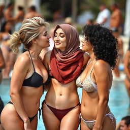 A romantic scene featuring two white-skinned, slim and curvy European mix hairstyle women, and a 35-year-old Arab Islamic woman