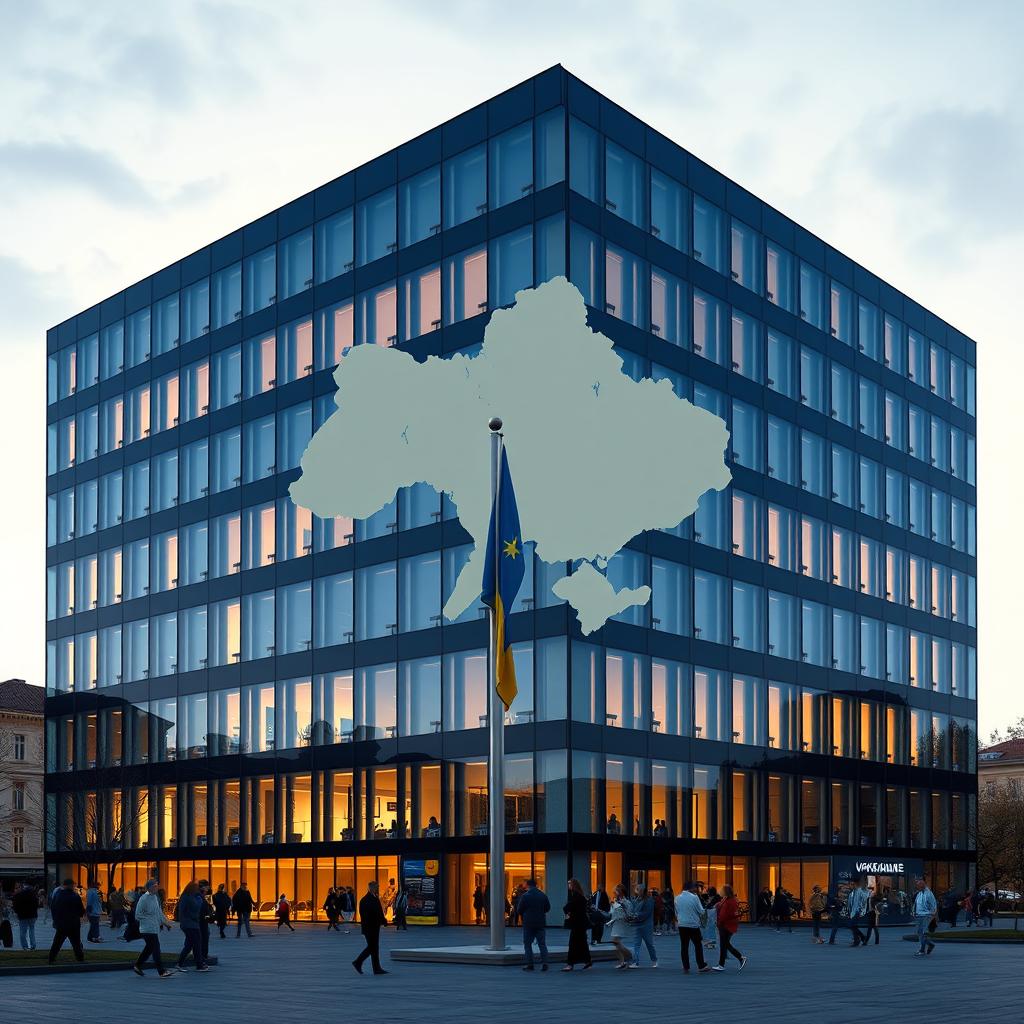 An office building with a rectangular or cubic shape, featuring an inward indentation on the facade that is shaped to contour the map of Ukraine