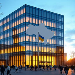 An office building with a rectangular or cubic shape, featuring an inward indentation on the facade that is shaped to contour the map of Ukraine