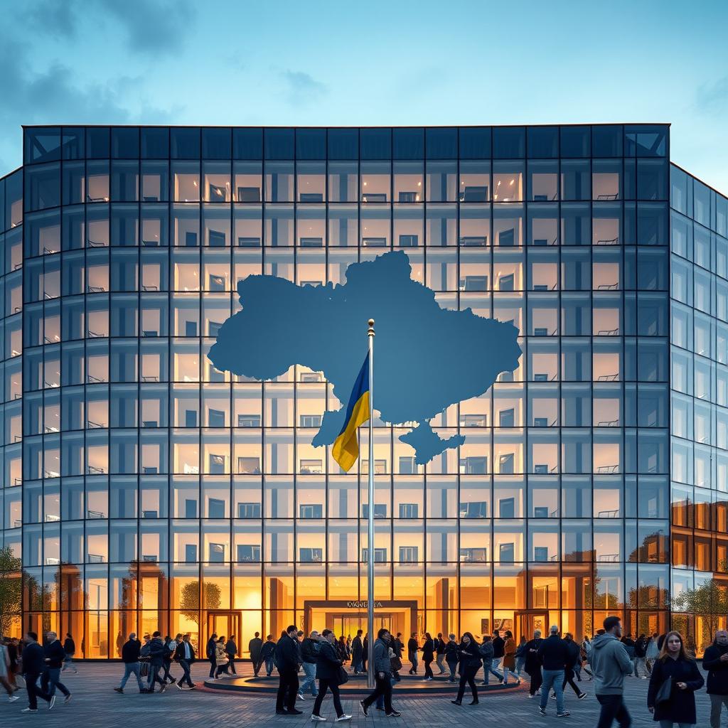 An office building with a rectangular or cubic shape, featuring an inward indentation on the facade that is shaped to contour the map of Ukraine