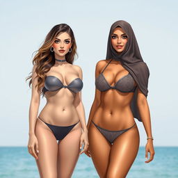 Two women standing next to each other, one with a slim and curvaceous figure, beautiful European features, and a mix of European hairstyles