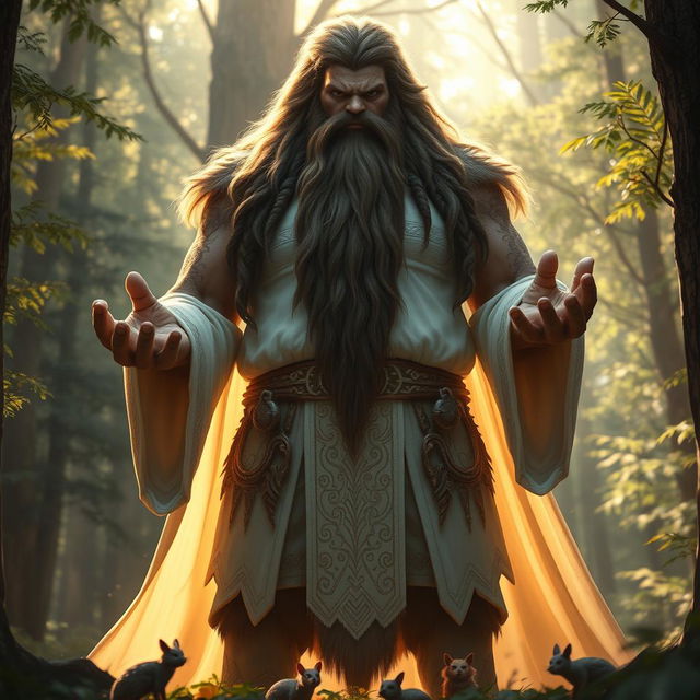 A towering shifter druid standing 7 feet tall and weighing 280 pounds, with a commanding presence