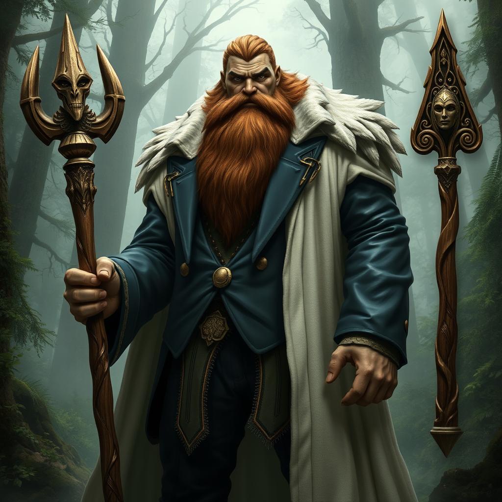 A towering shifter druid standing at 7 feet tall, weighing 280 pounds, with a proud, bushy brown beard and piercing grey eyes