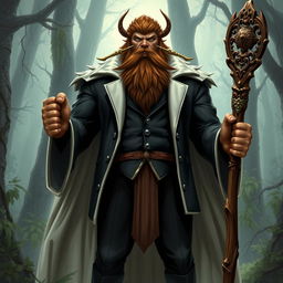 A towering shifter druid standing at 7 feet tall, weighing 280 pounds, with a proud, bushy brown beard and piercing grey eyes