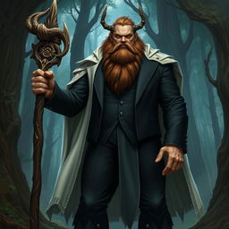 A towering shifter druid standing at 7 feet tall, weighing 280 pounds, with a proud, bushy brown beard and piercing grey eyes