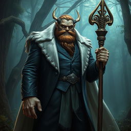 A towering shifter druid standing at 7 feet tall, weighing 280 pounds, with a proud, bushy brown beard and piercing grey eyes