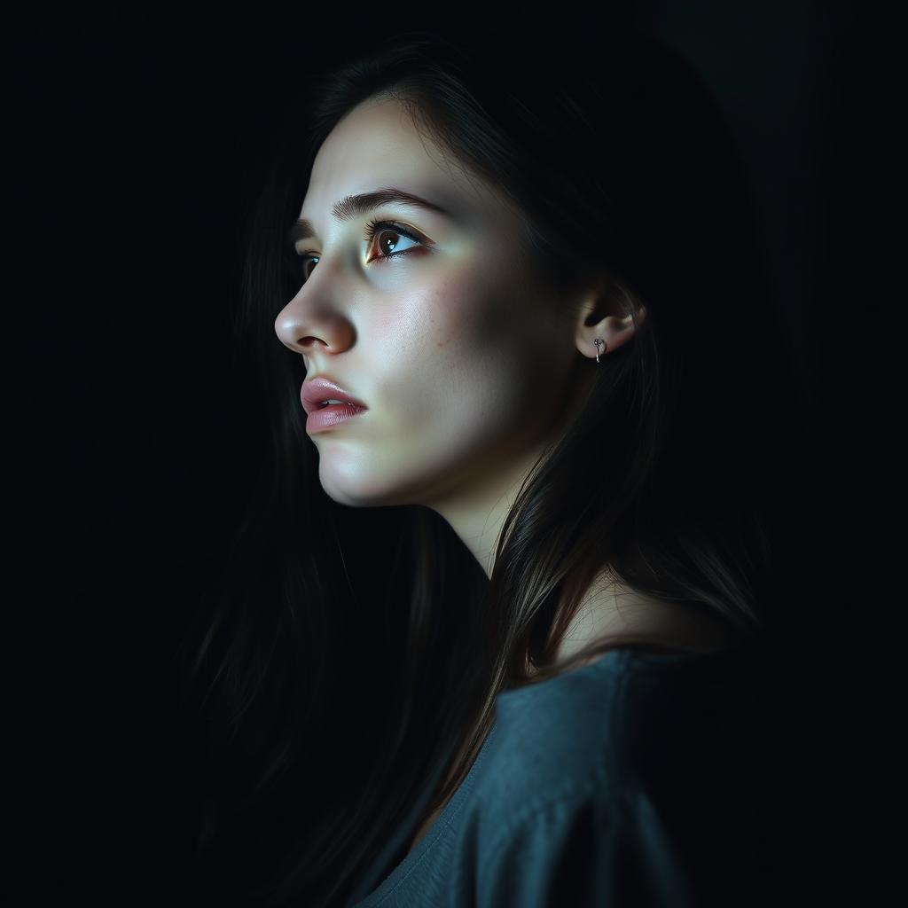 A young white brunette woman depicted in profile in a dark room, her head tilted slightly upwards with tears glistening in her eyes