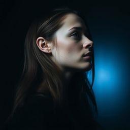 A young white brunette woman depicted in profile in a dark room, her head tilted slightly upwards with tears glistening in her eyes