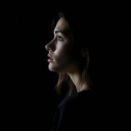 A young white brunette woman depicted in profile in a dark room, her head tilted slightly upwards with tears glistening in her eyes